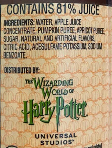 Etichetta ingredienti succo di zucca di Harry Potter