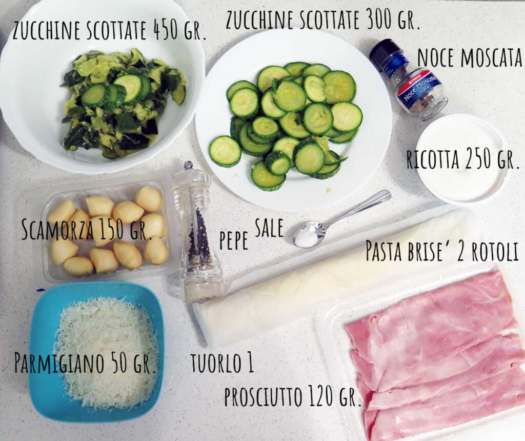 Ingredienti torta salata zucchine, ricotta, prosciutto cotto e scamorza