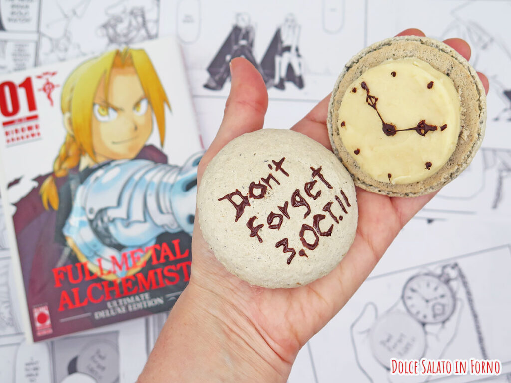 macarons all'earl grey a forma di orologio di Fullmetal Alchemist