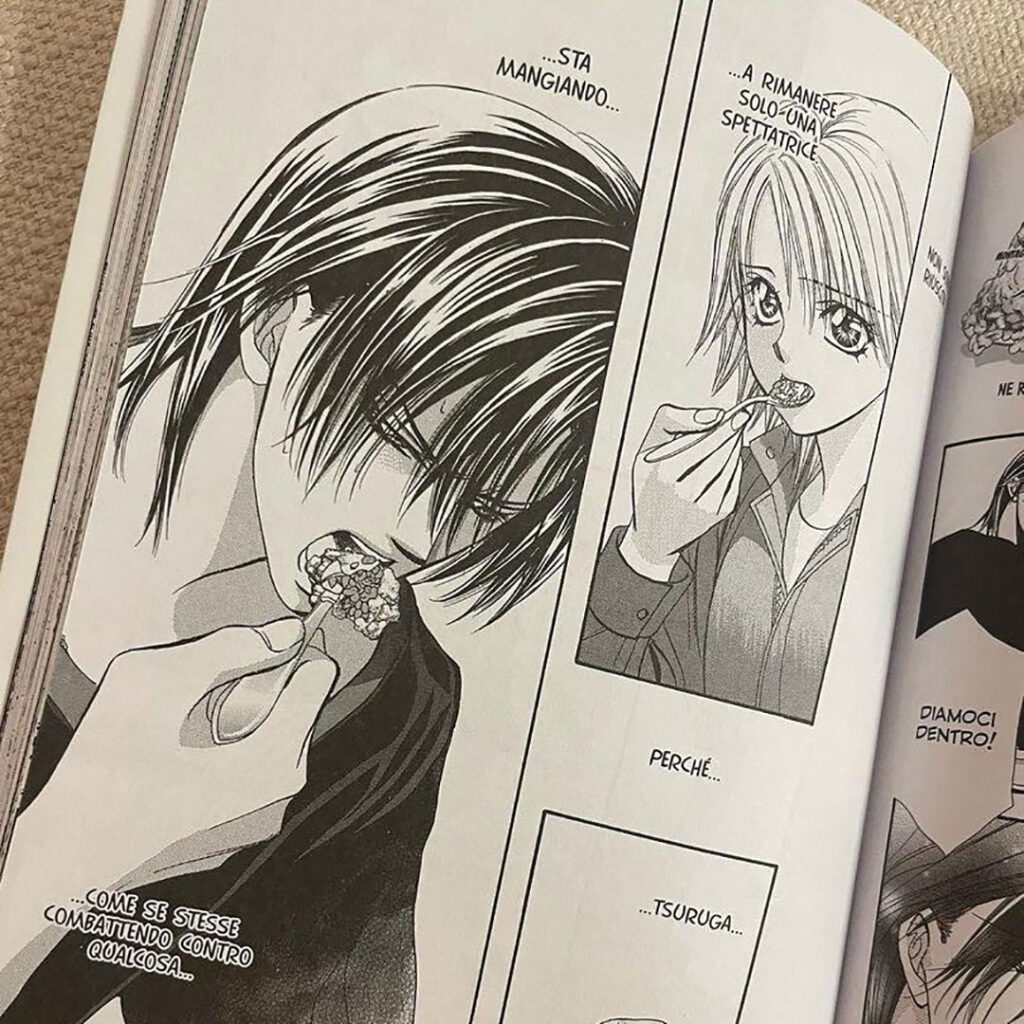 Ren si sforza di mangiare l'omurice nel manga Skip Beat