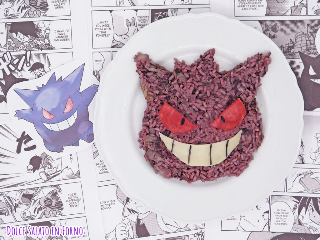 Risotto al radicchio e vino rosso a forma di Pokemon Gengar