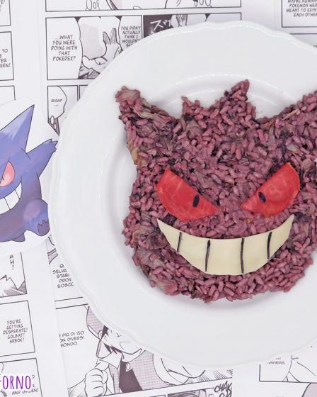 Risotto al radicchio e vino rosso a forma di Pokemon Gengar