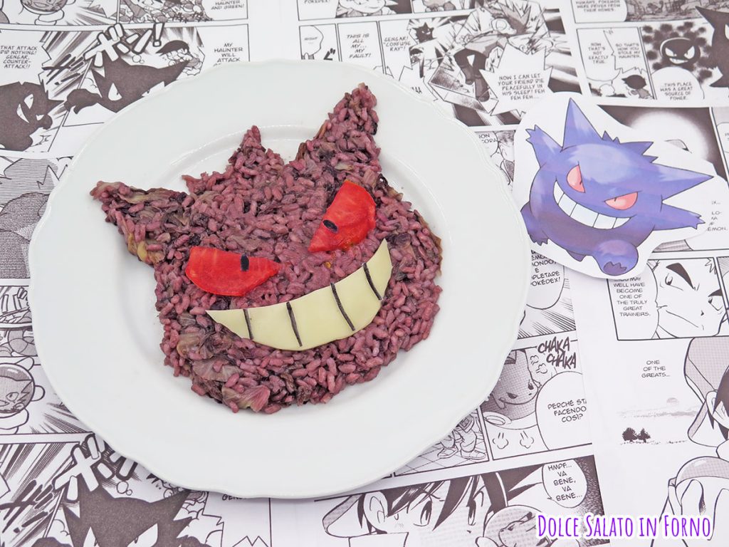 Risotto al radicchio e vino rosso a forma di Pokemon spettro Gengar